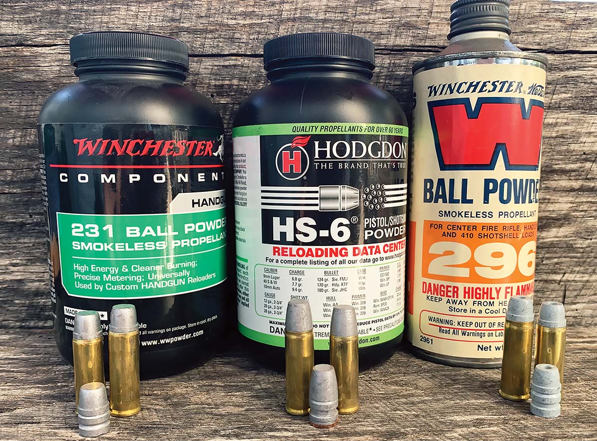 John Linebaugh used three powders for his large-frame Rugers (left to right): Winchester 231, Hodgdon HS-6 and Winchester 296/H-110.
